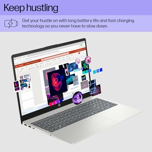 Laptop with floating digital icons and productivity message.