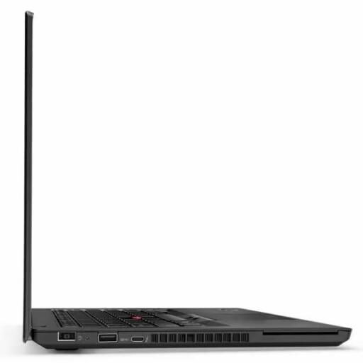 A Lenovo ThinkPad T470 laptop with its lid open, showing the keyboard and touchpad.