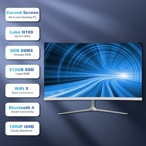 Curved screen desktop PC with specifications including Lake N100, 8GB DDR4 RAM, 512GB SSD, WiFi 5, Bluetooth 4, and 1080P UHD.