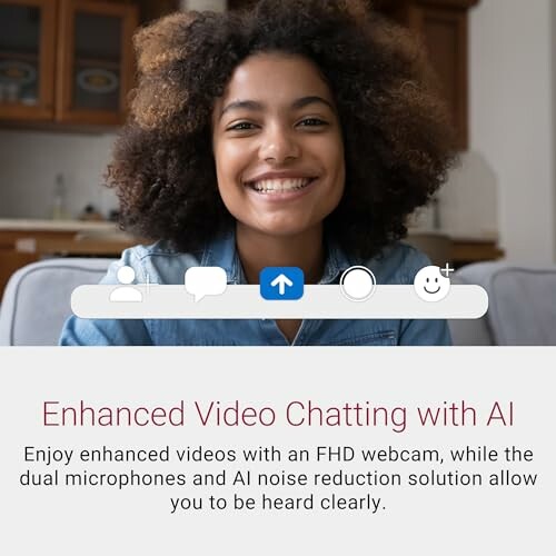 Smiling person video chatting with AI enhancements.