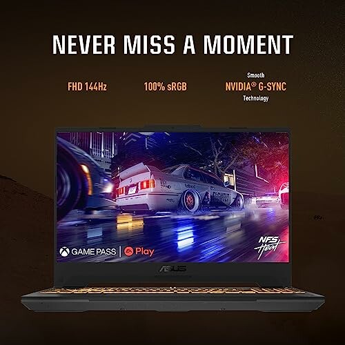 Gaming laptop showcasing a racing game with features like FHD 144Hz and NVIDIA G-SYNC.
