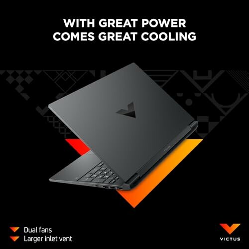 Victus gaming laptop with enhanced cooling features, dual fans, and larger inlet vent.