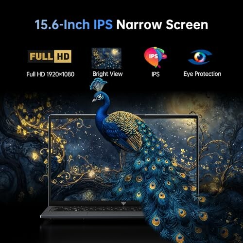 Laptop with peacock design on screen, highlighting features like Full HD, IPS, and Eye Protection.