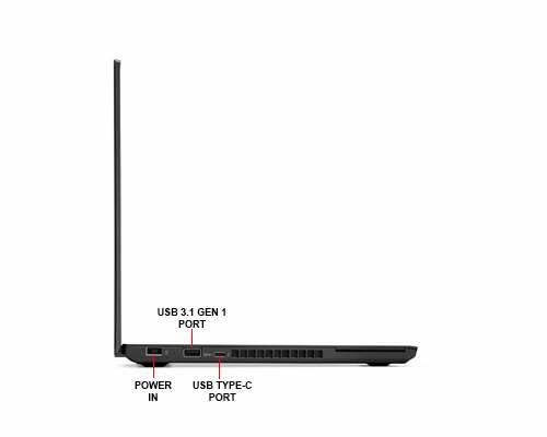 Side view of a Lenovo ThinkPad T470 laptop showing power, USB 3.1, and USB Type-C ports.