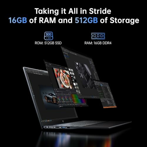 Laptop displaying design software with 16GB RAM and 512GB storage.