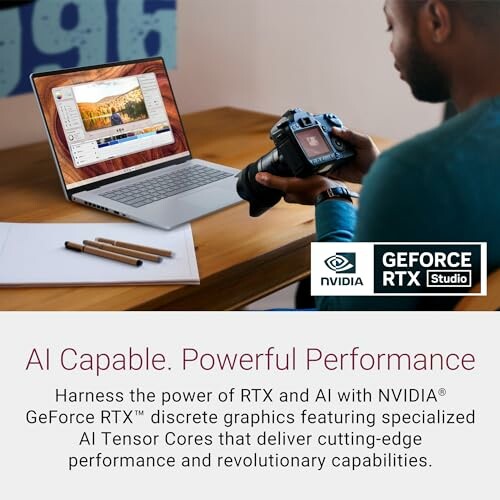 Laptop with NVIDIA GeForce RTX Studio graphics being photographed.